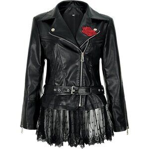 Women's faux leather black lace moto vintage coat riding coat